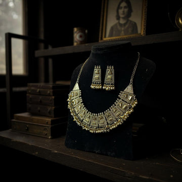 Dajinn Nritya Kalika Collection Oxidized Chocker Tribal Necklace Set with Earrings – Traditional Ethnic Indian Jewelry for Women and Girls (Tribhuvan Set)