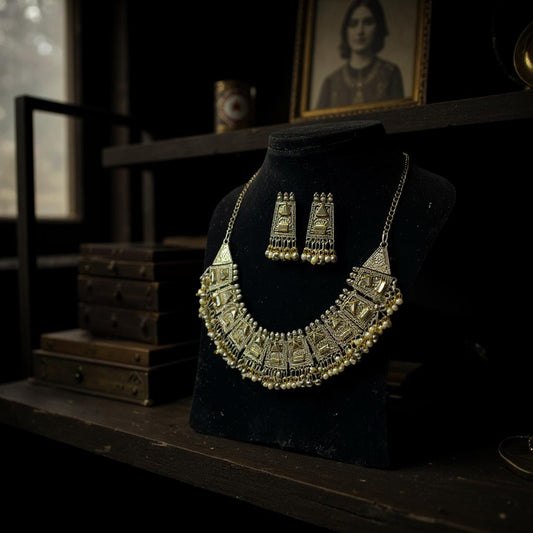 Dajinn Nritya Kalika Collection Oxidized Chocker Tribal Necklace Set with Earrings – Traditional Ethnic Indian Jewelry for Women and Girls (Tribhuvan Set)