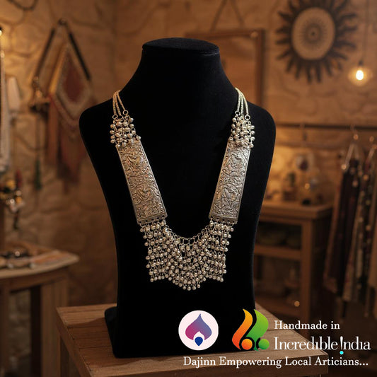 Dajinn Rajnartana Collection Traditional Oxidized Brass Ethnic Necklace for Women and Girls Antique Boho Tribal Jewelry for Weddings and Festivals - Nritya Ghungroo Set