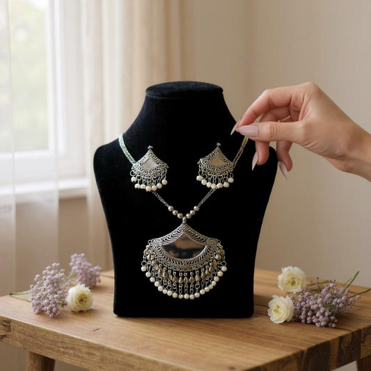 Dajinn Heritage Glow Oxidized Mirror Necklace Earrings Set for Women | Pearl Beads | Traditional Ethnic Jewelry for Weddings & Festivals