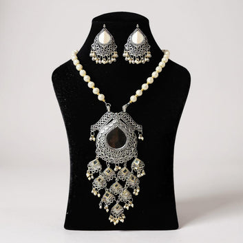 Dajinn Royal Majesty Oxidized Brass Necklace Earrings Set for Women | Pearl Beads Mirror Work | Traditional Wedding and Festive Jewelry