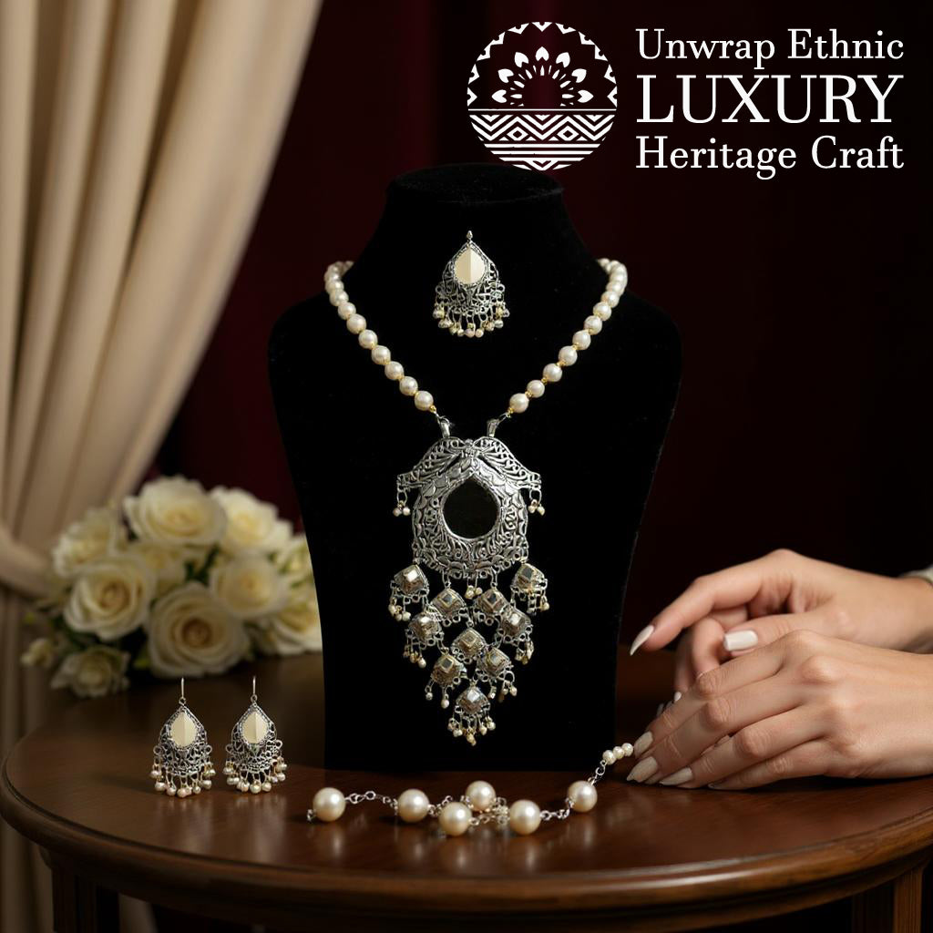Dajinn Royal Majesty Oxidized Brass Necklace Earrings Set for Women | Pearl Beads Mirror Work | Traditional Wedding and Festive Jewelry