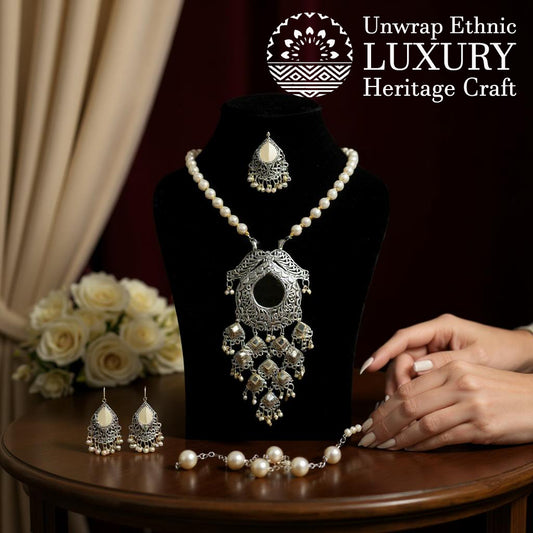 Dajinn Royal Majesty Oxidized Brass Necklace Earrings Set for Women | Pearl Beads Mirror Work | Traditional Wedding and Festive Jewelry