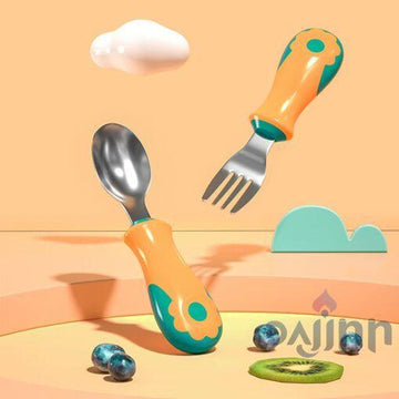 DaJinn Stainless Steel SUS 316 Baby Feeding Training Spoon and Fork Set with Anti-Bacterial PP Storage Box – Green Orange