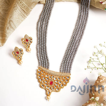 Dajinn Ranihaar Light Grey Beads And Stone Necklace Set