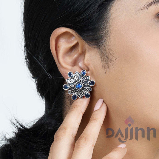 Dajinn Aashini Blue Stone Silver Oxidised Earring