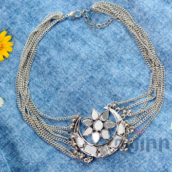 Palak Silver Oxidized Mirror Necklace