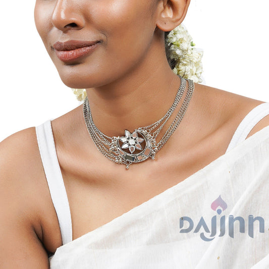 Palak Silver Oxidized Mirror Necklace