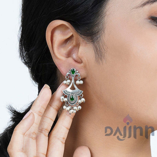 Dajinn Nilay Green Stone Silver Oxidised Earring