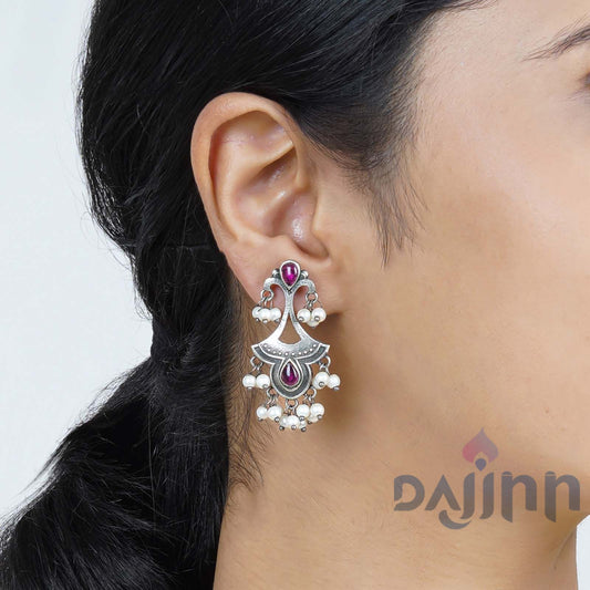 Dajinn Nilay Red Stone Silver Oxidised Earring