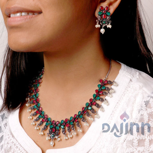 Niranjana Multi colored Silver Oxidized Necklace Set