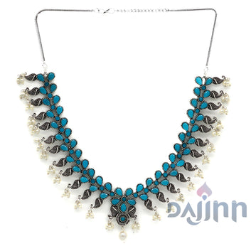 Niranjana Light Blue Stone Silver Oxidized Necklace Set