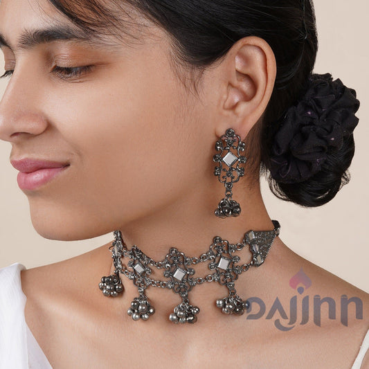 Dajinn Gangol Ghungroo Silver Oxidised Necklace Set