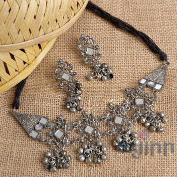 Dajinn Gangol Ghungroo Silver Oxidised Necklace Set