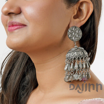 Dajinn Iksu Silver Oxidised Jhumkas