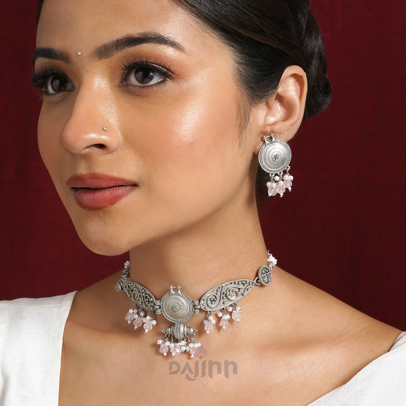 Dajinn Cera Silver Oxidised Pastel Pink  Necklace Set