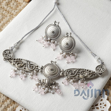 Dajinn Cera Silver Oxidised Pastel Pink  Necklace Set