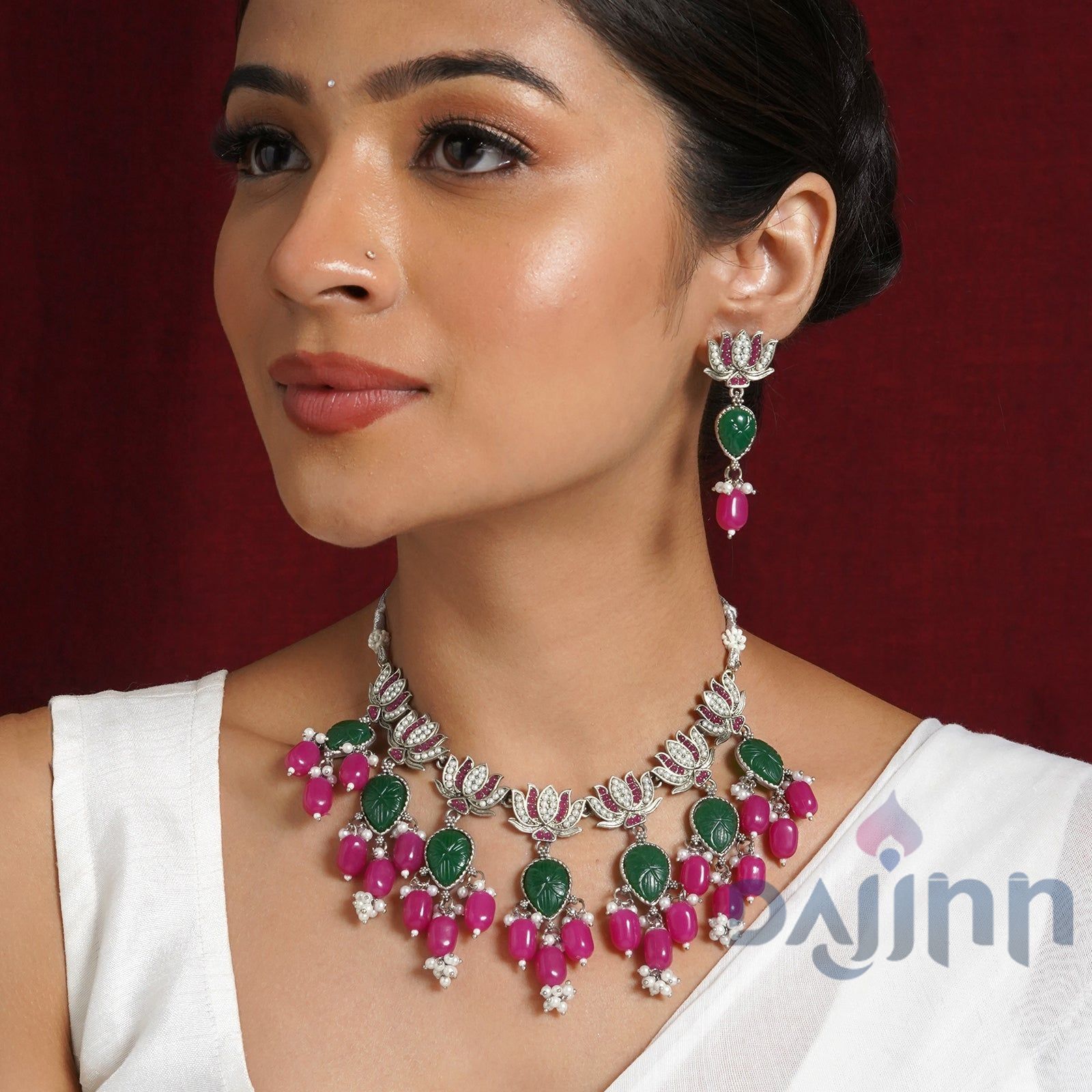 Dajinn Sadhani Silver Oxidised Pink And Green Necklace Set