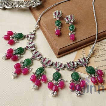 Dajinn Sadhani Silver Oxidised Pink And Green Necklace Set