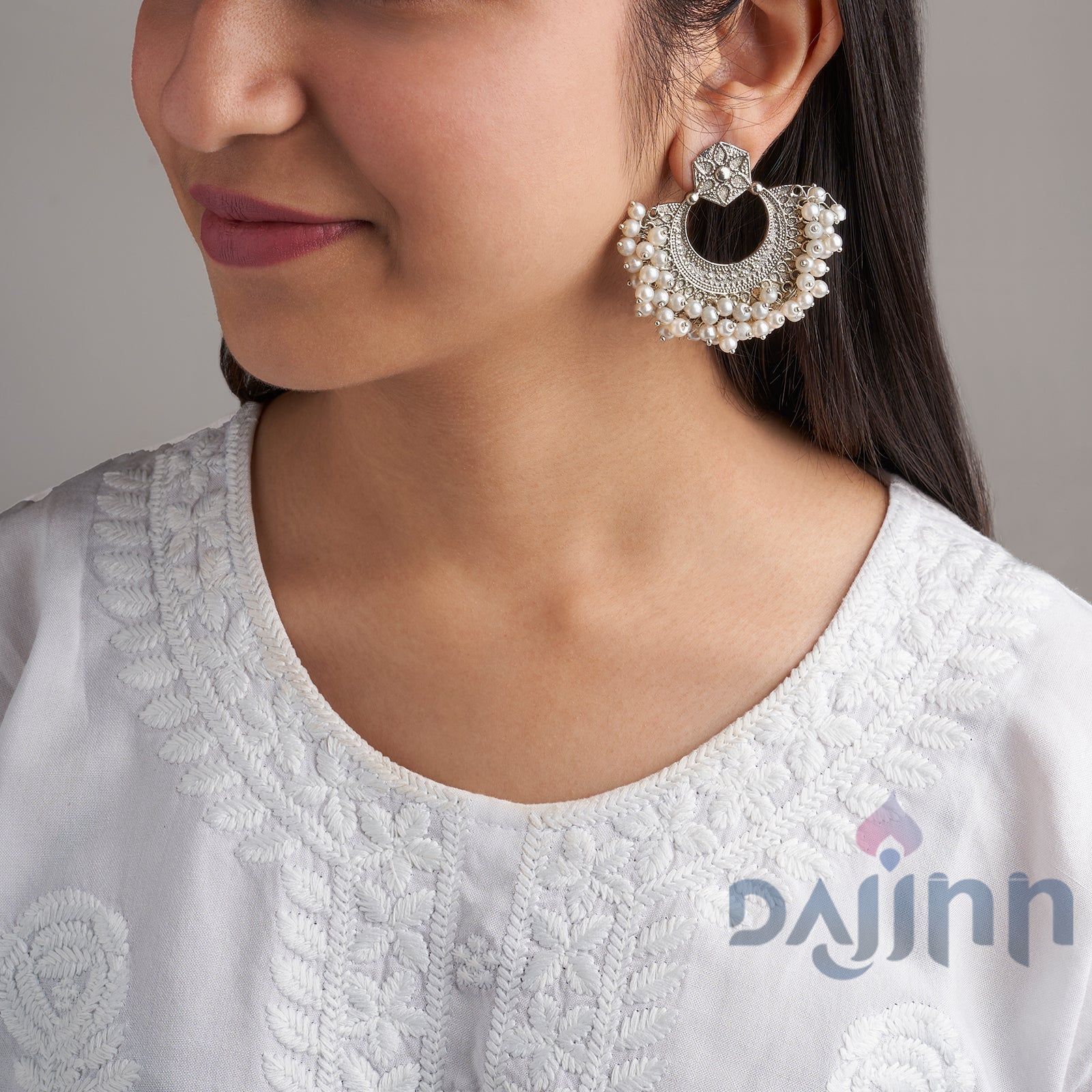 Ardha Silver Oxidised Pearl Earring