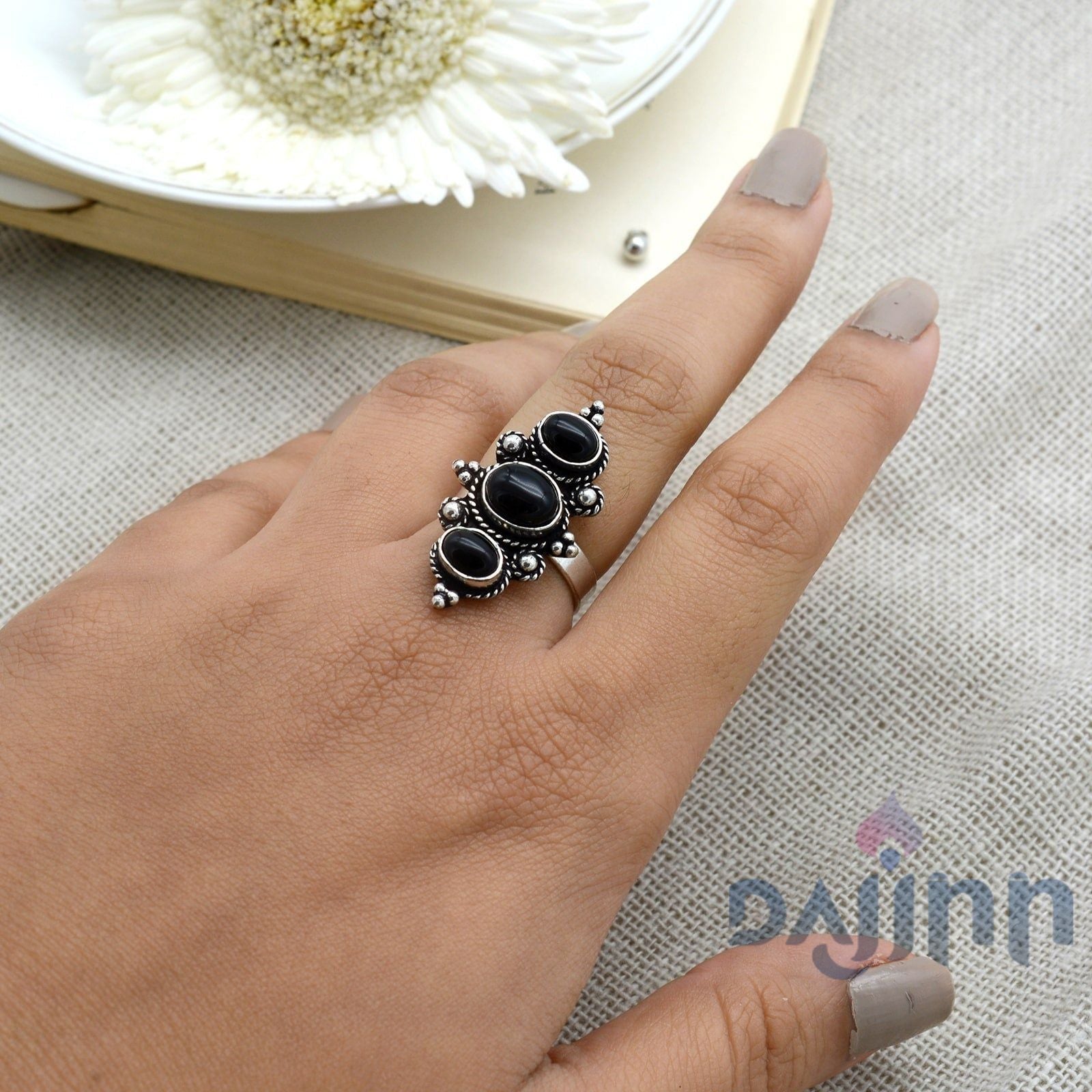 Veena Black Silver Oxidized Stone Ring