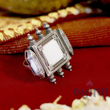 Meena White Enamel Silver Oxidized Ring