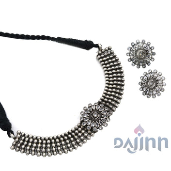 Sasha White Circular Silver Oxidized Necklace Set