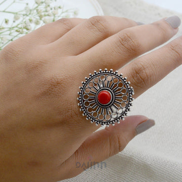 Aruna Red Silver Oxidized Filigree Ring