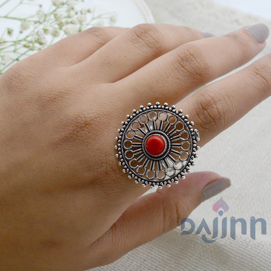 Aruna Red Silver Oxidized Filigree Ring