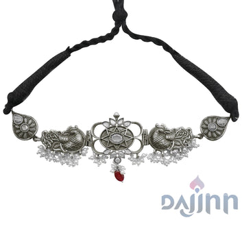 Dajinn Dancing Dual Peacock White Silver Oxidized Choker Necklace