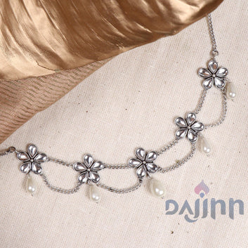 Dajinn Floweret Polki Silver Oxidized Pearl Choker Necklace