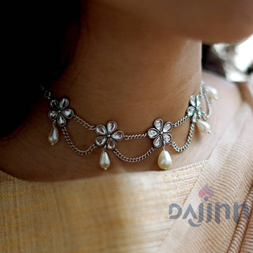 Dajinn Floweret Polki Silver Oxidized Pearl Choker Necklace