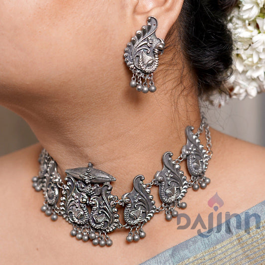 Dajinn Suhani Peacock Silver Oxidised Necklace Set