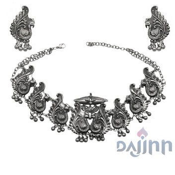 Dajinn Suhani Peacock Silver Oxidised Necklace Set