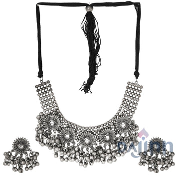 Dajinn Chhaya Silver Oxidised Necklace Set