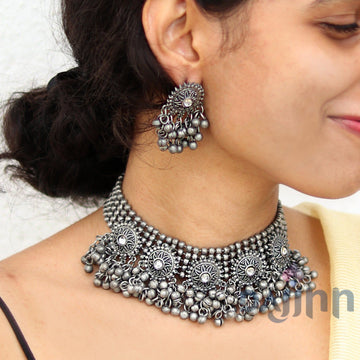 Dajinn Chhaya Silver Oxidised Necklace Set