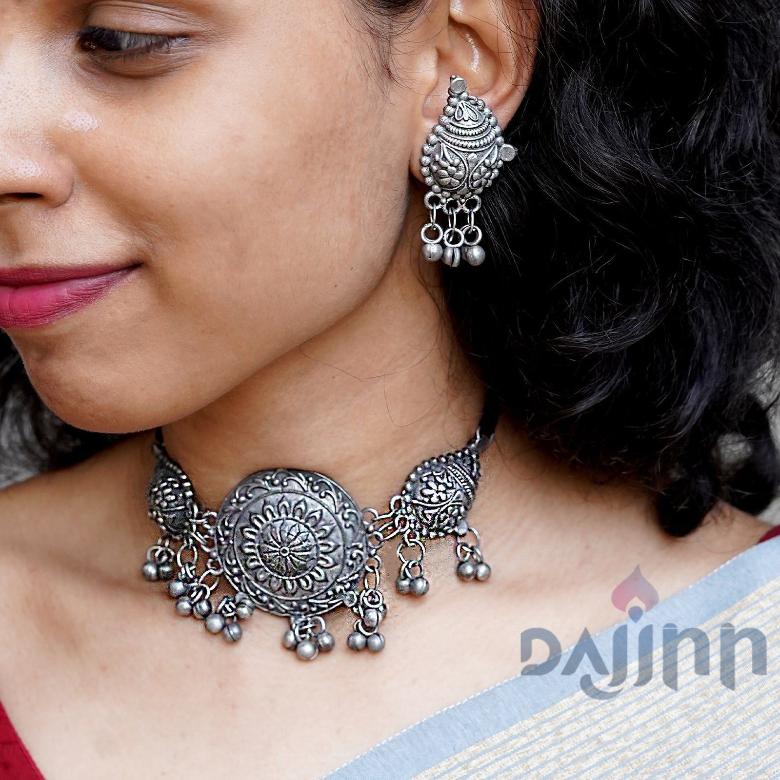 Dajinn Avni Floral Antique Silver Oxidised Necklace Set