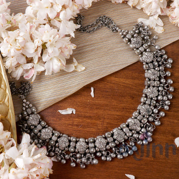 Dajinn Jiya Floral Silver Oxidised Ghungroo Necklace