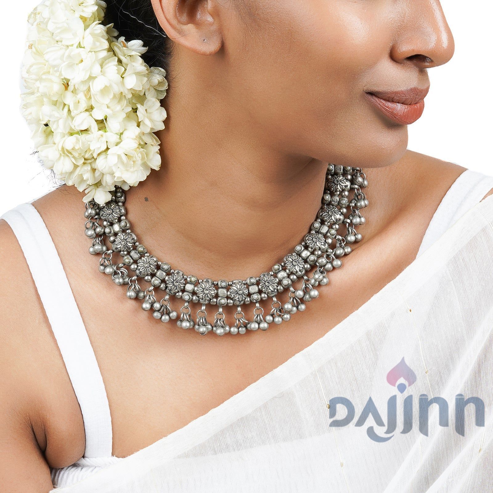 Dajinn Jiya Floral Silver Oxidised Ghungroo Necklace