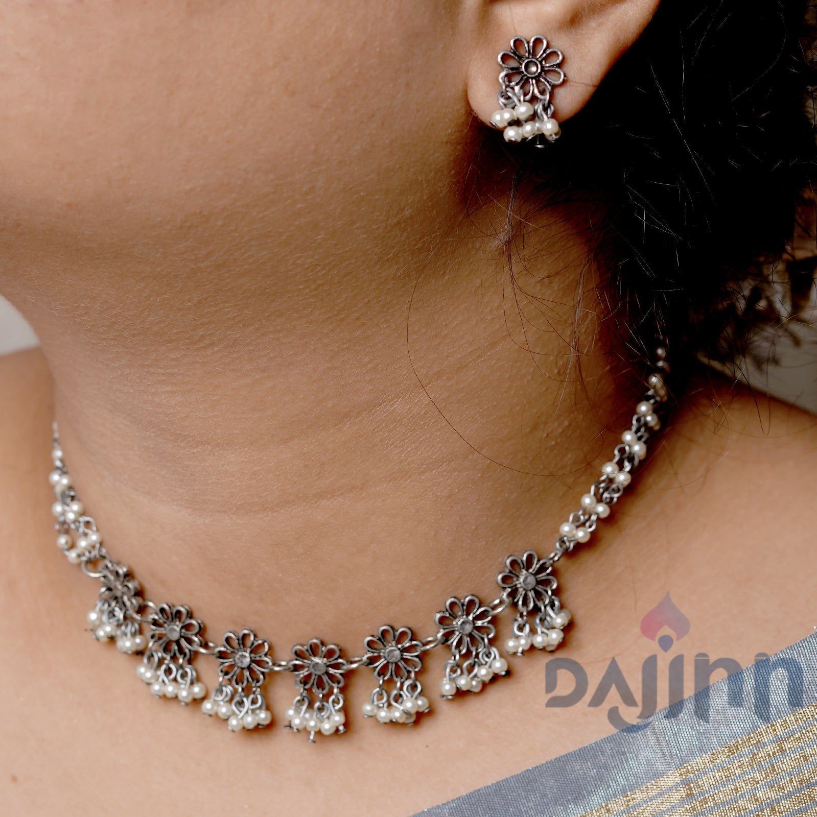 Dajinn Anjali Floral Pearl Silver Oxidised Jewelry Set