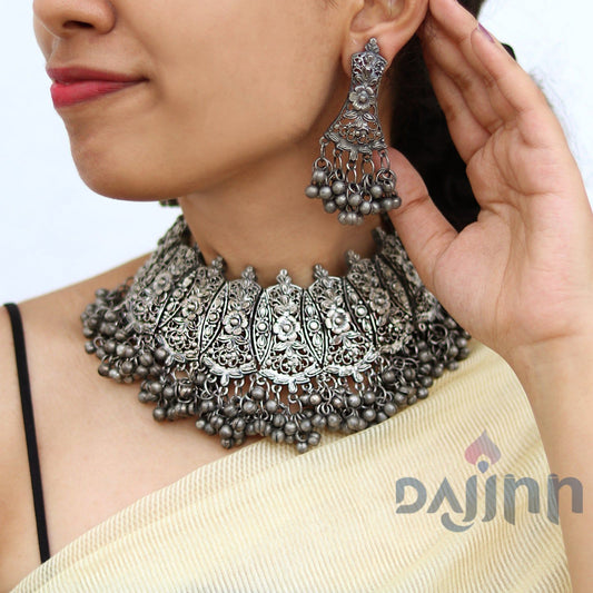 Dajinn Shreejal Antique Silver Oxidised Necklace Set