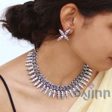 Dajinn Aarnya Silver Oxidised Choker Necklace Set