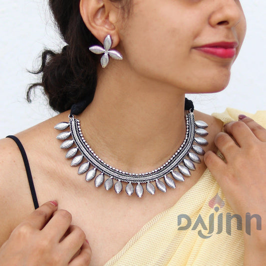 Dajinn Mazba Leaf Silver Oxidised Choker Necklace Set