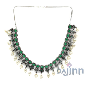 Ekladh Green Stone Silver Pearl Necklace Set