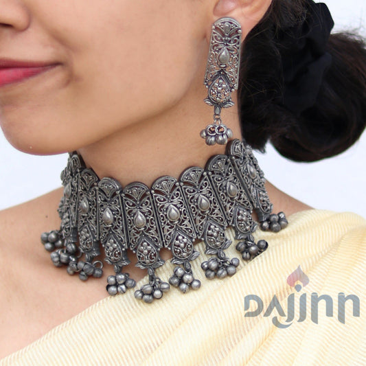 Dajinn Spruha Silver Oxidised Choker Necklace