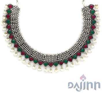 Symmetric Multi colored Silver Necklace Set