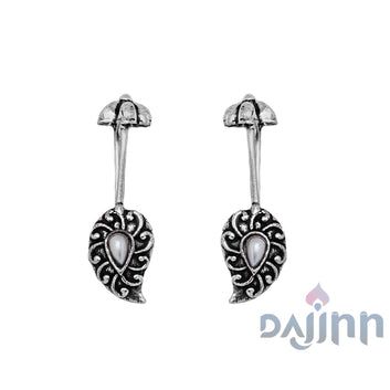 Dajinn  Mitali White  Stone Silver Oxidsed Clip On Bugadi