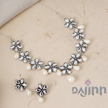 Dajinn Unnati Silver Oxidised Polki Necklace Set