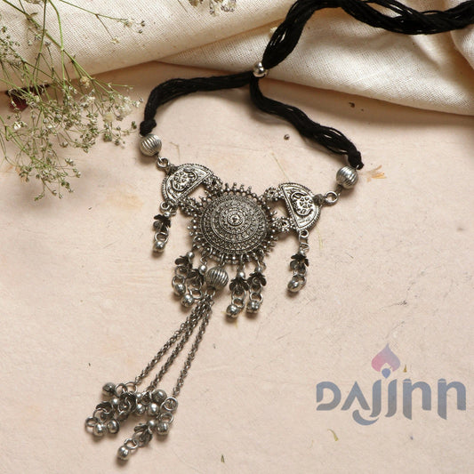 Dajinn Akshara Silver Oxidised Choker Necklace