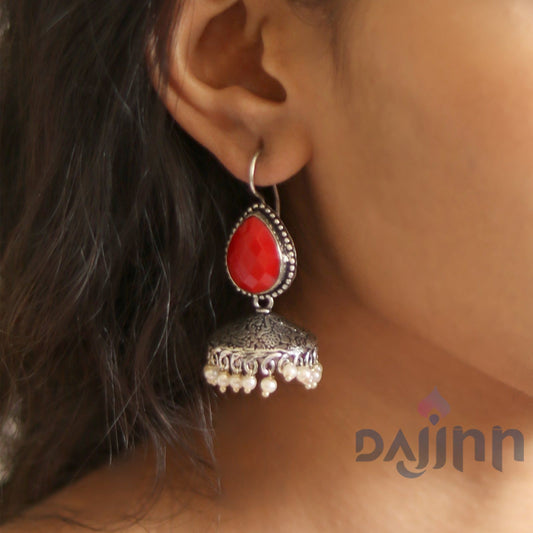 Dajinn Sahasra Red Stone Silver Oxidised Earrings